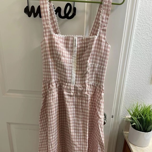 Reformation Tagliatelle Linen Dress Blush Check - Picture 8 of 9